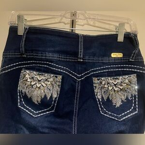 Silver Diva Dark Blue Embellished Embroidered Flare Jeans